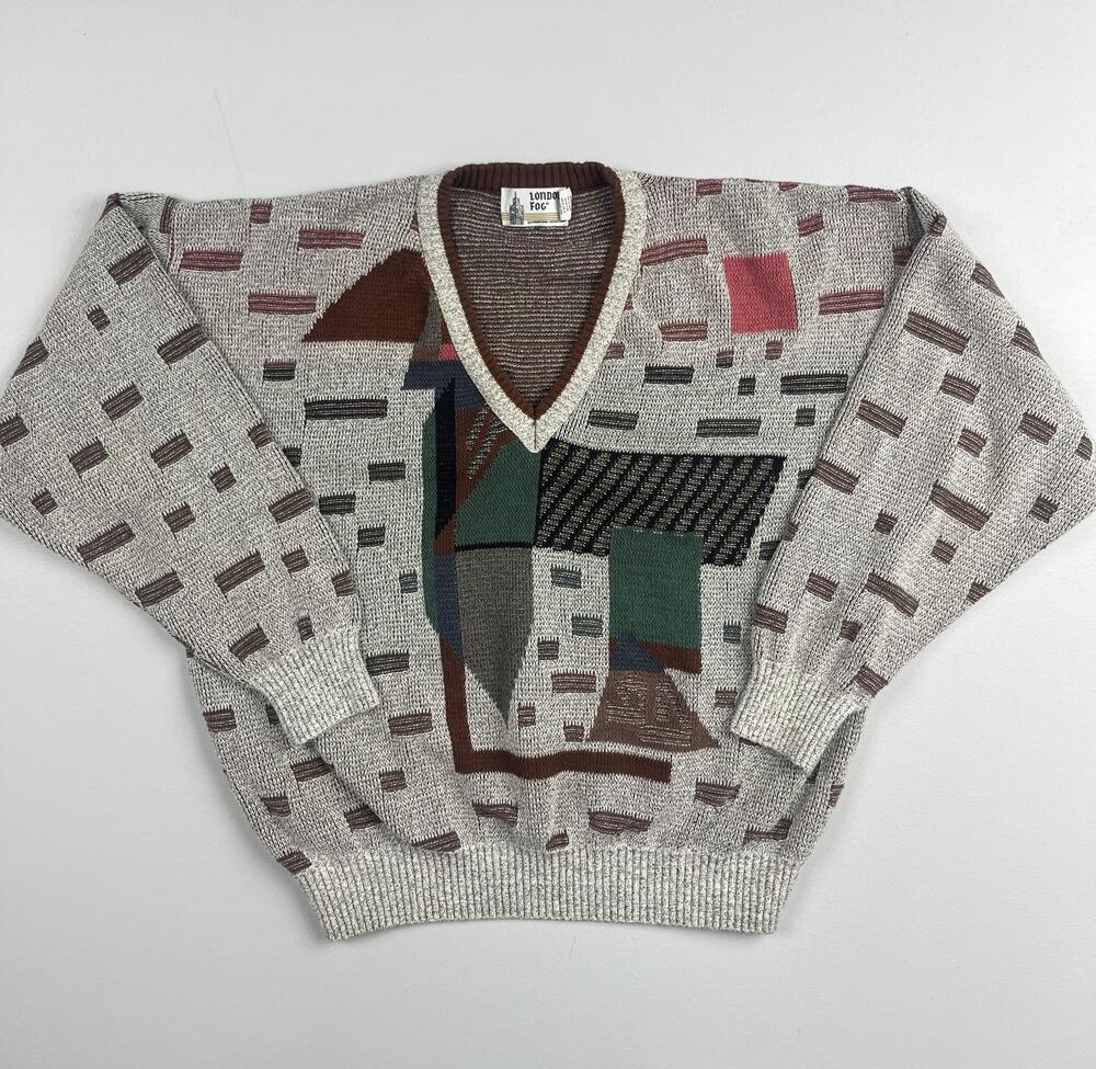 Vintage London Fog Sweater Mens XL Multicolor Geometric V Neck Knit USA 90s